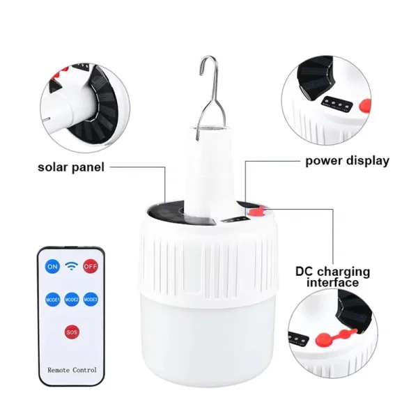 Solar Charging Portable Outdoor LED Camping Light Bulb Remote Control with 5-speed Adjustable Light Waterproof Hook Tent Light - Image 3