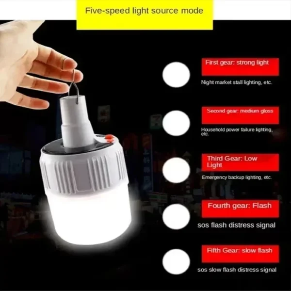 Solar Charging Portable Outdoor LED Camping Light Bulb Remote Control with 5-speed Adjustable Light Waterproof Hook Tent Light - Image 4